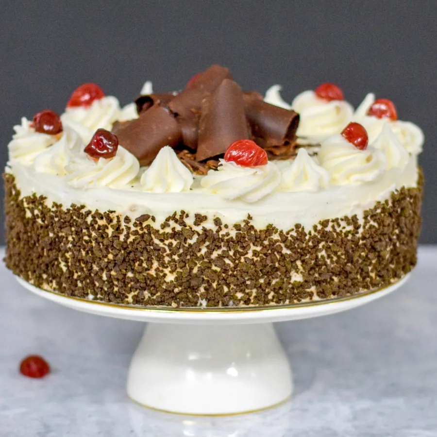 Black Forest Torte, chocolate sponge layered with fresh cream and cherries