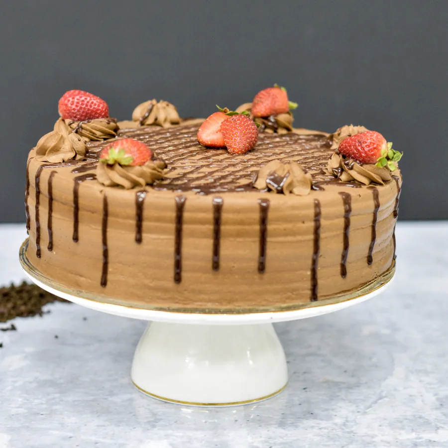 Double Choc Strawberry Torte, chocolate sponge with chocolate cream and strawberries